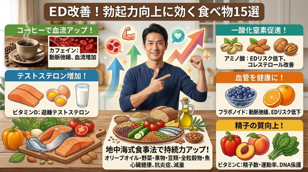 勃起不全、勃起障害など、ED改善が期待できる食べ物のイラスト