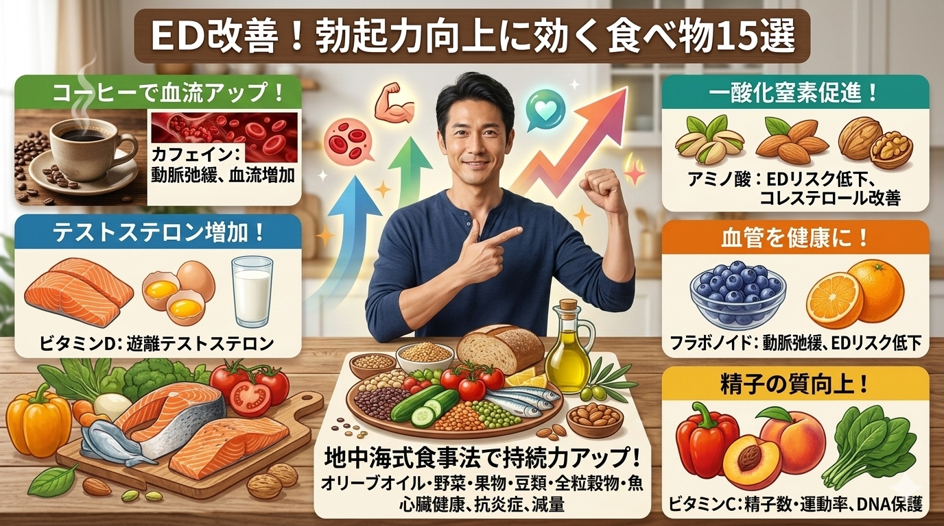 勃起不全、勃起障害など、ED改善が期待できる食べ物のイラスト